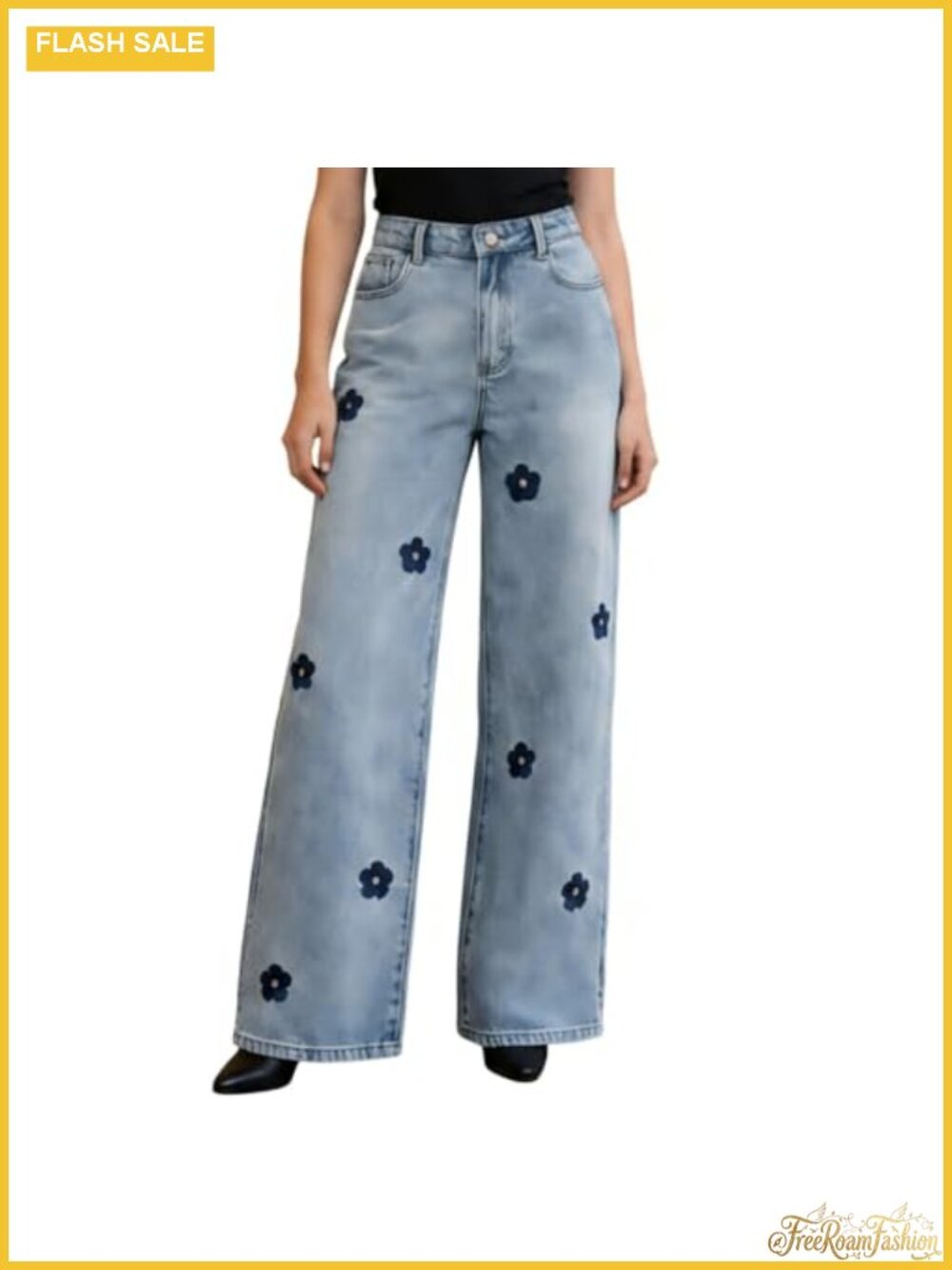 Women's High Waist Wide Leg Jeans Floral Embroidery Denim, 91.3% Cotton Stretch